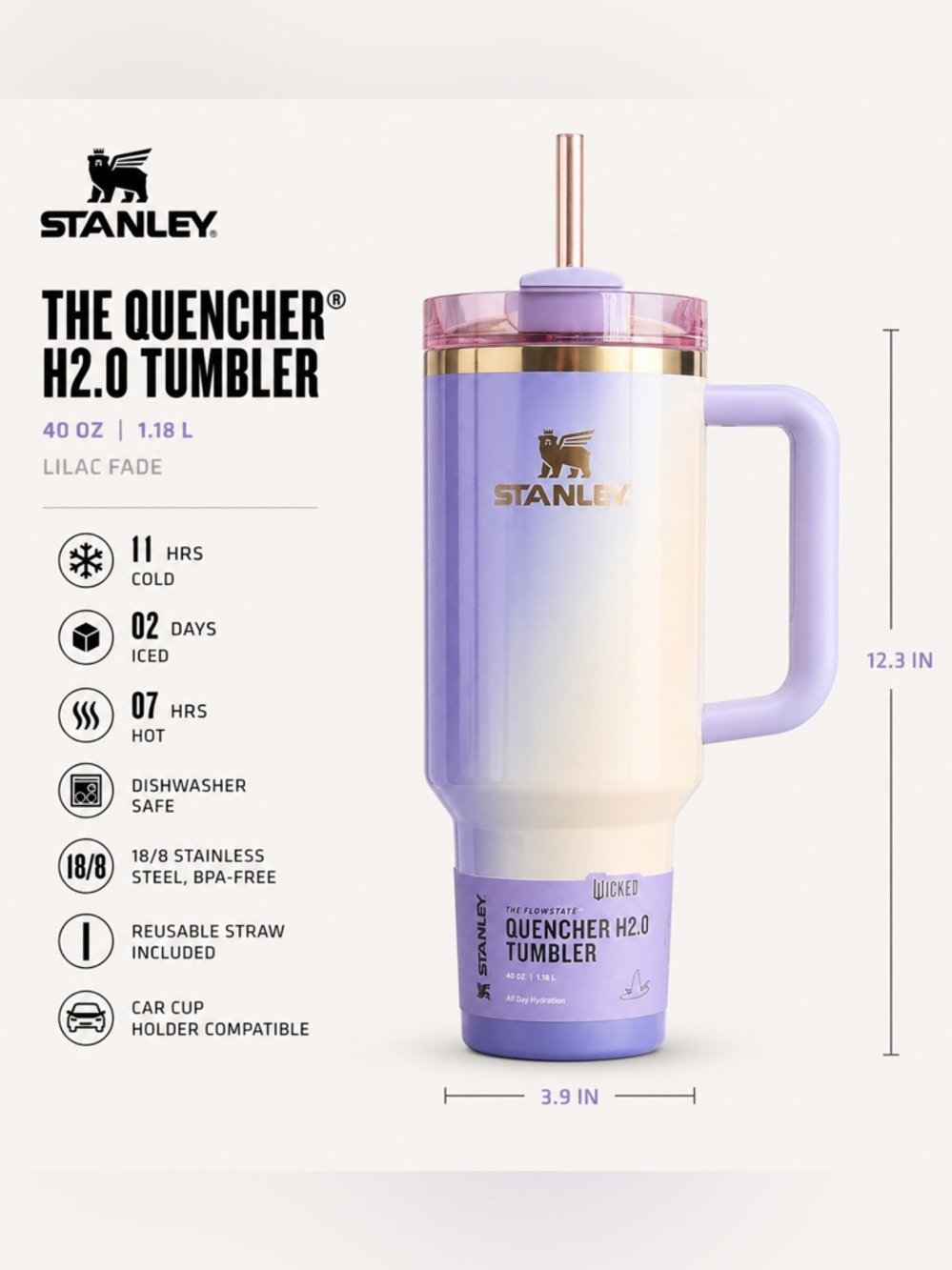 NWT Stanley H2.0 40 oz Tumbler – Wicked Glinda Pastel Gradient, Handle & Straw